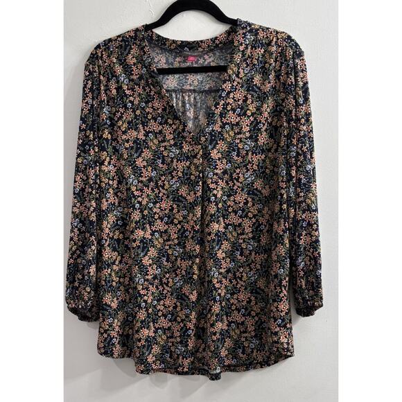 Vince Camuto XXL Ditsy Floral V‎ Neck 3/4 Balloon Sleeve Navy Blue Peach - Picture 1 of 9